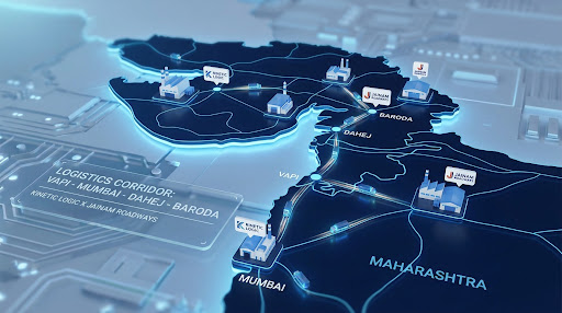 High-tech digital map visualization of the Gujarat industrial region highlighting logistics corridors between Vapi, Mumbai, Dahej, and Baroda